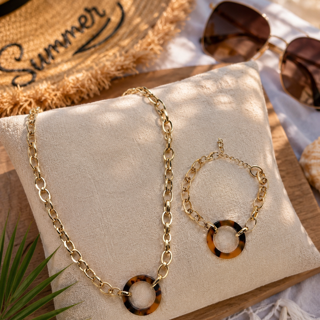 Parure Anneau Écaille Éclat Tendance, collier grosse maille dorée à grand anneau effet écaille, acier inoxydable