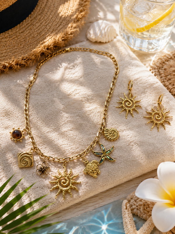 Parure Soleil d'Été Éclat Tendance, collier à breloques dorées soleil et coquillages avec boucles d'oreilles soleil assorties, acier inoxydable