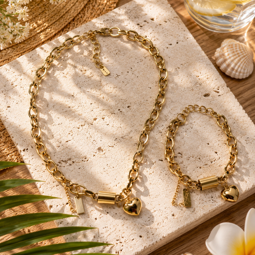 Parure Cadenas Éclat Tendance, grosse chaîne dorée avec breloques cadenas, cœur et plaque, acier inoxydable