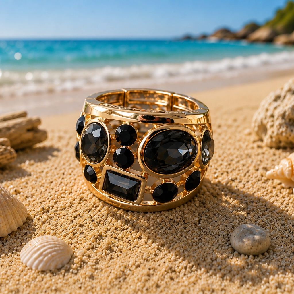 Bague Constellation coloris Fumé doré — pierres fumées sur métal doré, bijou Éclat Tendance sur une plage ensoleillée
