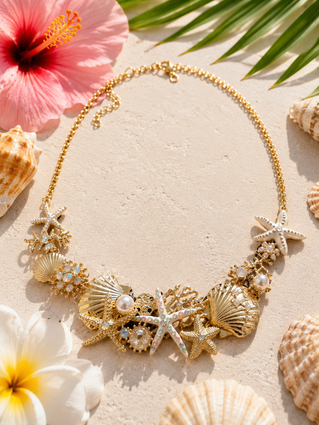 Collier Océane coloris blanc nacré — collier plastron doré orné de coquillages, étoiles de mer et perles, émail ivoire nacré, acier inoxydable