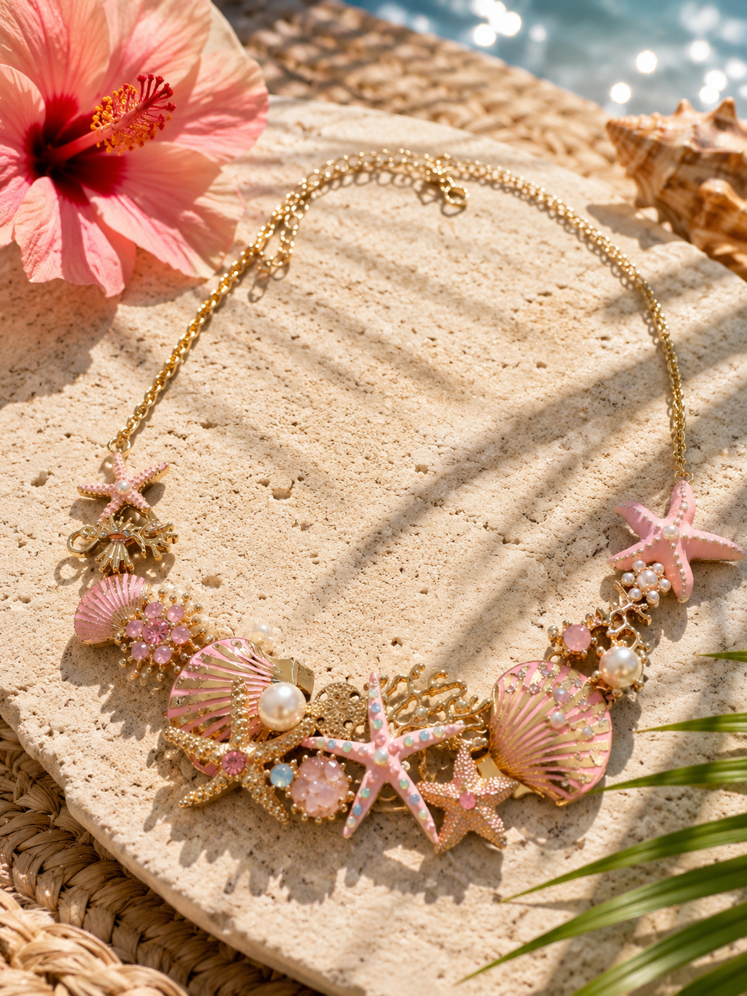 Collier Océane coloris rose — collier plastron doré orné de coquillages, étoiles de mer et perles nacrées, émail rose poudré, acier inoxydable